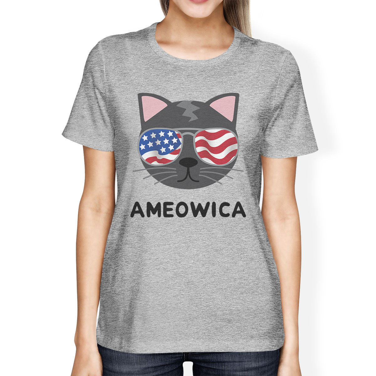 Ameowica Women's Graphic Tee Cute Cat Design Tee Patriotic