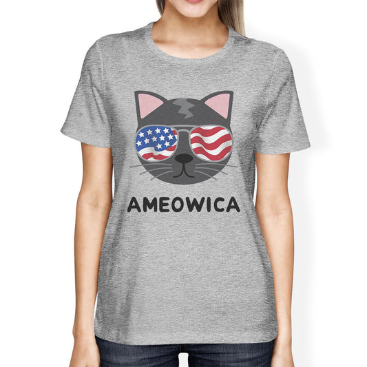 Ameowica Women's Graphic Tee Cute Cat Design Tee Patriotic
