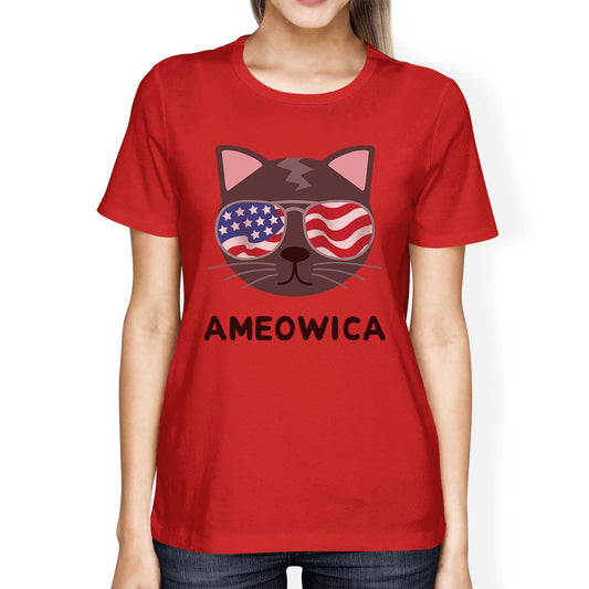 Ameowica Women's Funny Patriotic Cat-Red T-Shirt